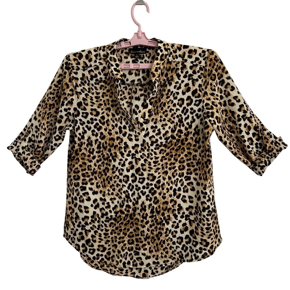 Alison Andrews Womens Leopard Print Roll Tab Sleeve Blouse L Mob Wife Career - Picture 2 of 9